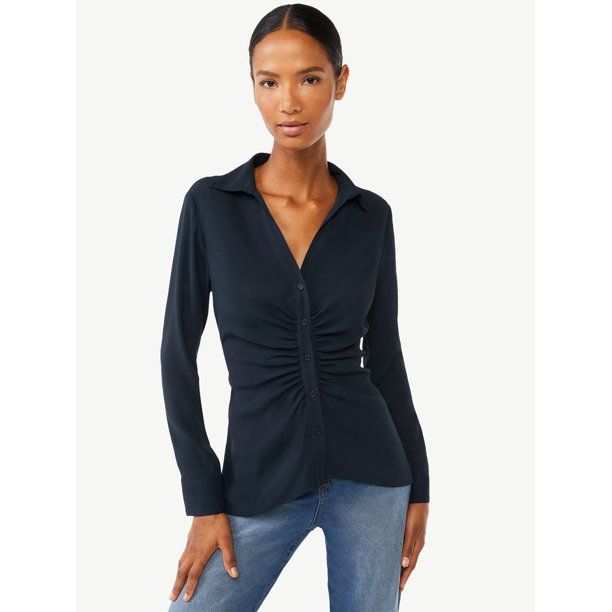 Scoop Women's Shirred Button Front Shirt with Long Sleeves - Walmart.com | Walmart (US)