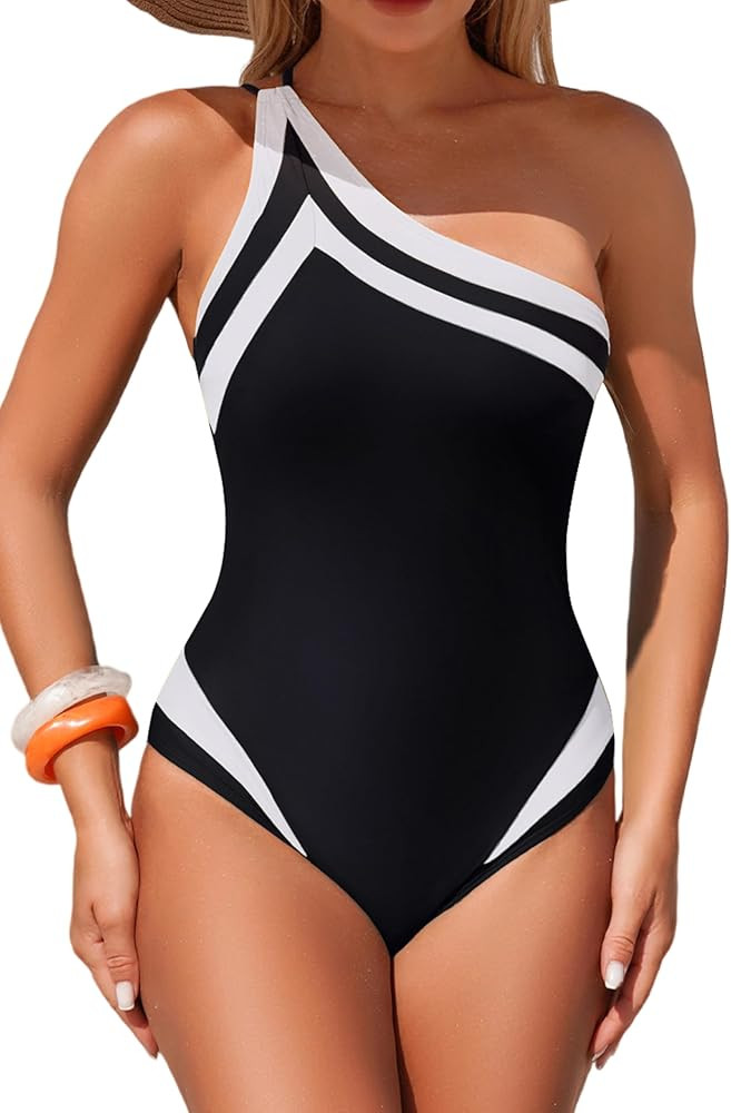 Women's One Piece Swimsuit One Shoulder Bathing Suits Tummy Control Flattering Color Block Slimmi... | Amazon (US)