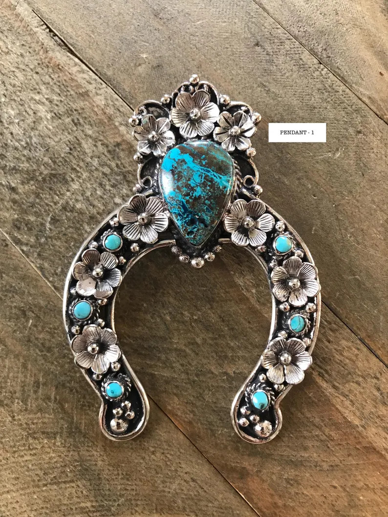 Squash blossom pendant set with chrysocolla, handcrafted, Tibetan repousse silver, 93X63 mm | Etsy (US)