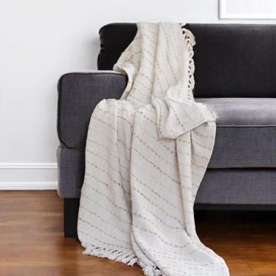 50" X 60" White and Beige Cotton Blend Woven Striped Throw Blanket with Fringe | Wayfair North America