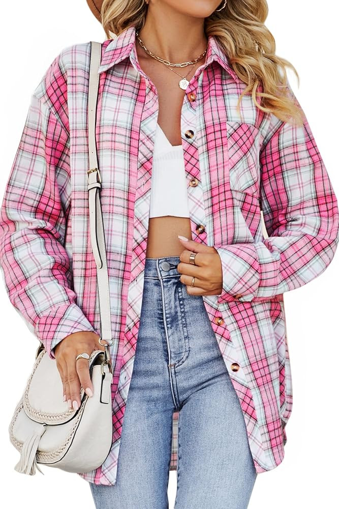 CHYRII Womens Button Down Flannel Shirts Long Sleeve Plaid Shackets Business Casual Blouse Top | Amazon (US)