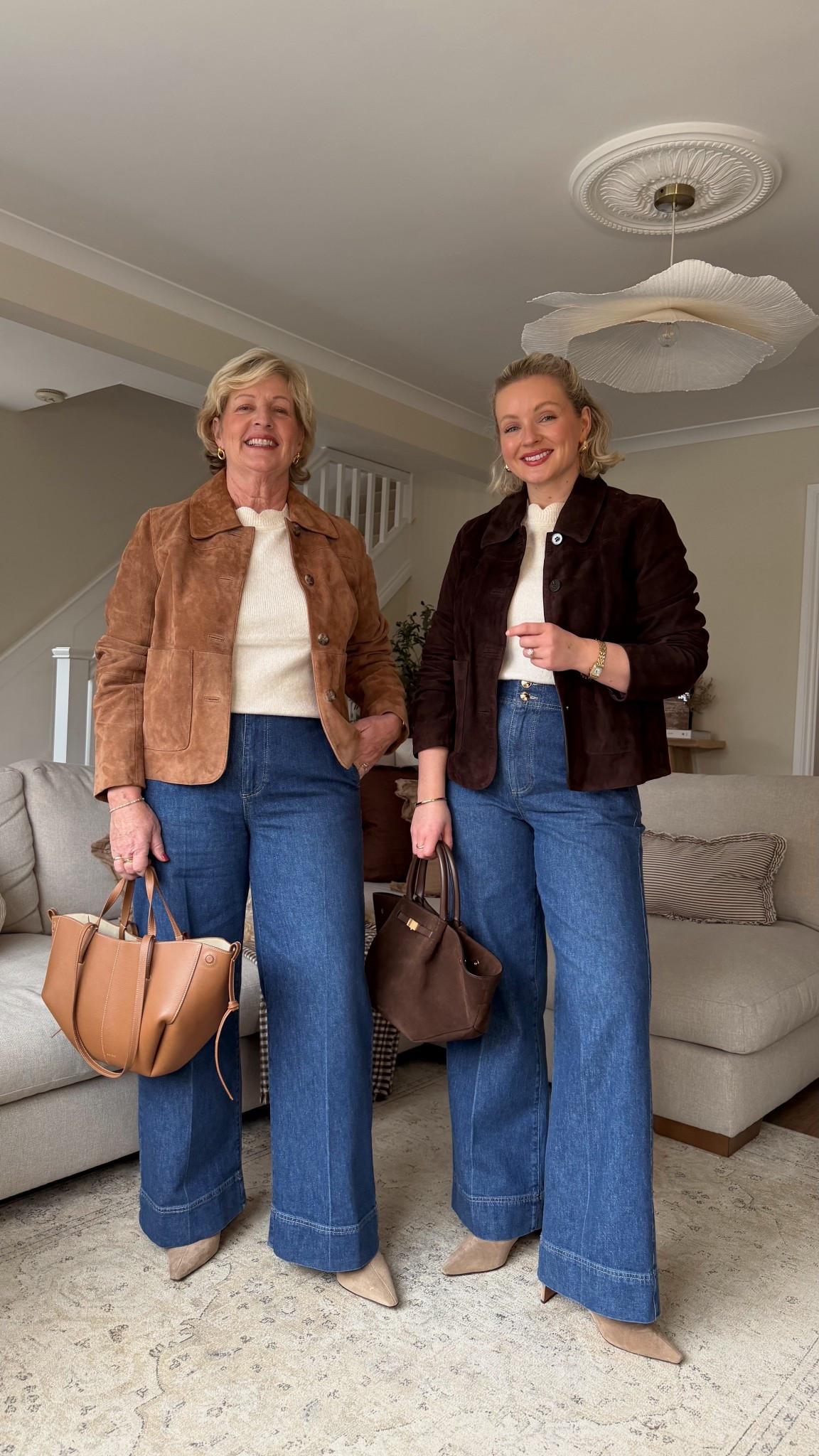 Styling @mintvelvet new denim with my mum! We’re wearing mid indigo wide jeans (me size 10R and mum 14S) styled with our suede jackets (both size M) discount code: LAURABYRNES15