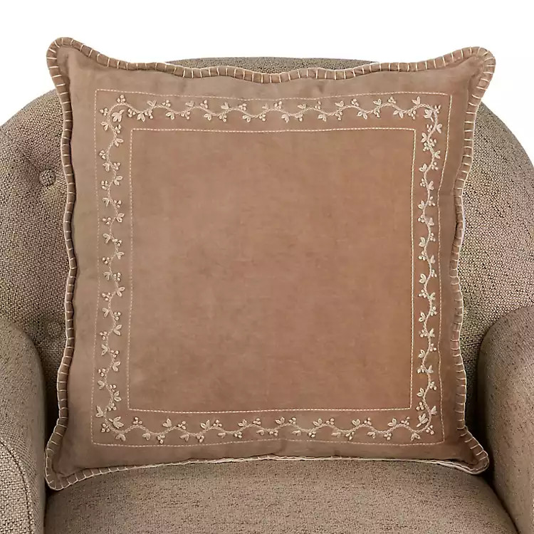 New! Taupe Velvet Embroidered Floral Border Pillow | Kirklands