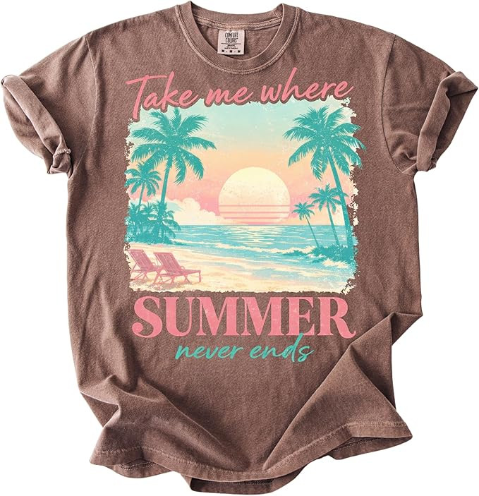 Take Me Where Summer Never Ends Beach Sunset Palm Trees Graphic T-Shirt Comfort Colors Tee | Amazon (US)