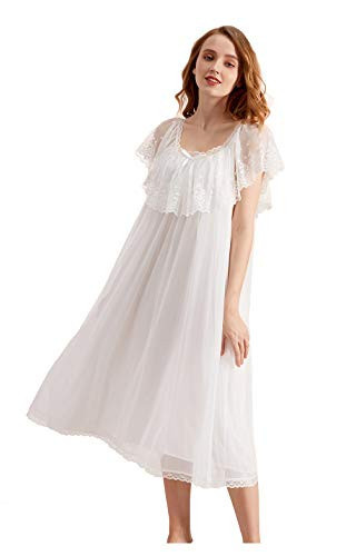 Sharebeauty Soft Rayon & Mesh Lacy Nightgown Retro Victorian Loungewear for Women Ethereal Swing Sleepwear Nightdress Nightshirt Pajamas White M | Amazon (US)