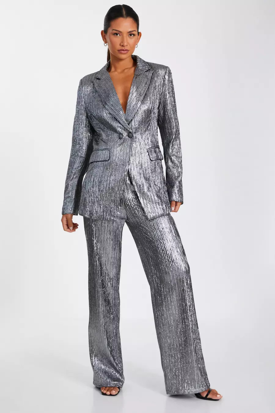 Home/Grey Metallic Palazzo Trousers | Quiz Clothing