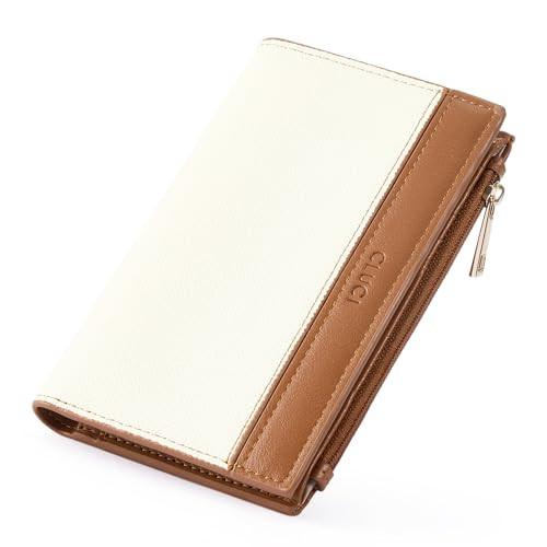 CLUCI RFID Wallet Women PU Leather Small Women Wallet Blocking Bifold Ladies Wallet Credit Card Holder Beige with Brown | Amazon (US)