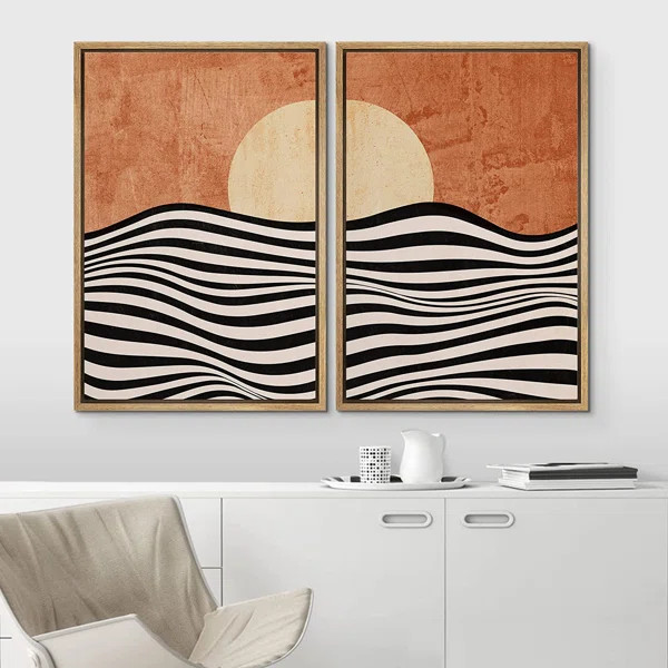 Pastel Rising Sun Ocean Wave Landscape Framed On Canvas 2 Pieces Print | Wayfair North America