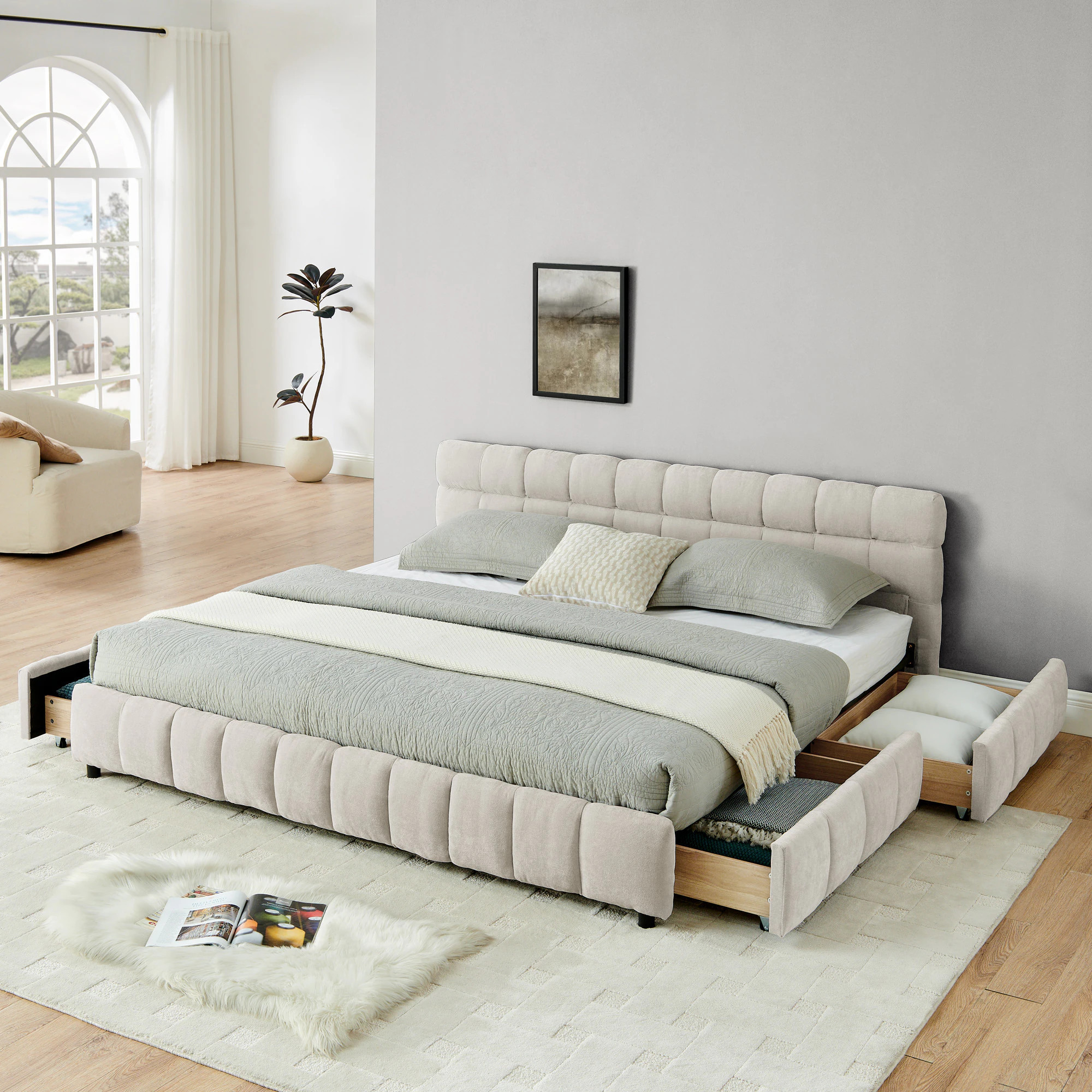 LUXEYARD King Size Upholstered Bed comfortable upholstered bed frame Chenille fabric with headboard and solid bed frame With drawer for storage Beige | Lowe's