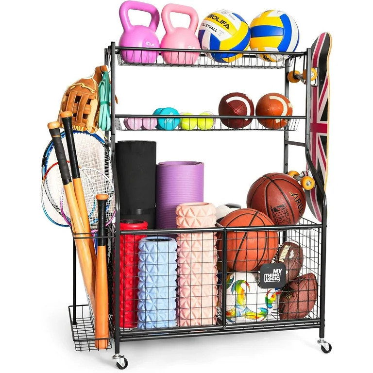 Mythinglogic Garage Sports Equipment Organizer, Basketball Ball Storage with Hooks and Baskets fo... | Walmart (US)