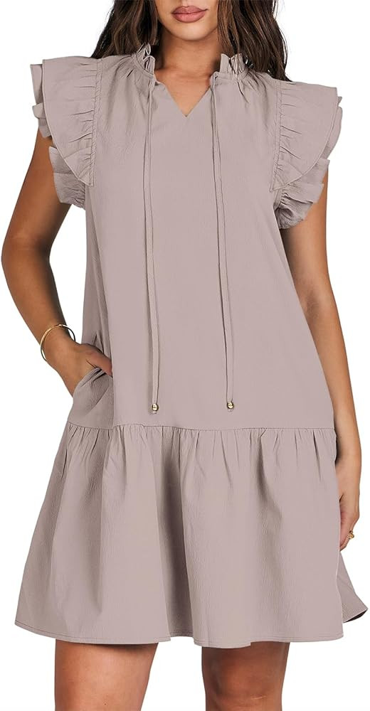 ANRABESS Womens Summer V-Neck Drawstring Ruffle Cap Short Sleeve Casual Shift Mini Dress with Poc... | Amazon (US)