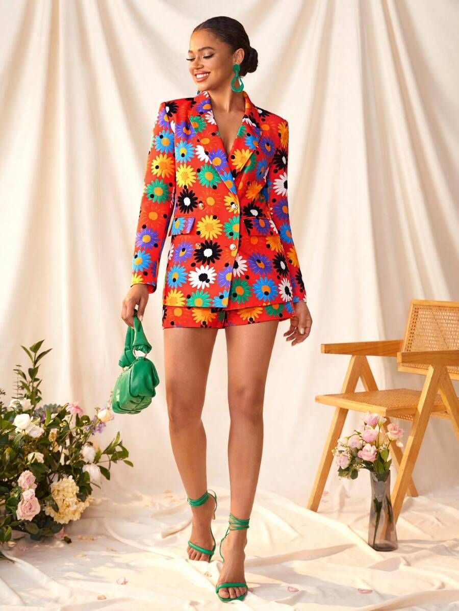 SHAQUITA GARCIA Flower Pattern Suit Jacket And Loose Shorts Two Piece Set | SHEIN