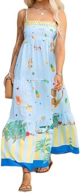 Women Bohemian Graphic Maxi Dress Spaghetti Strap Flowy Cami Dress Floral Tiered Sundress Y2K Sum... | Amazon (US)