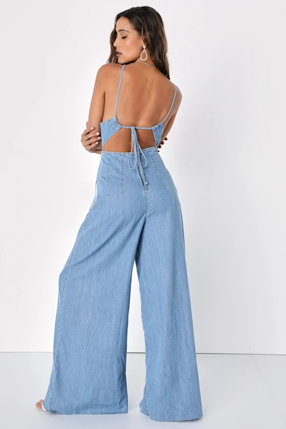 CRVY Soul Ties One-Piece Medium Wash Denim Lace-Up Jumpsuit | Lulus (US)