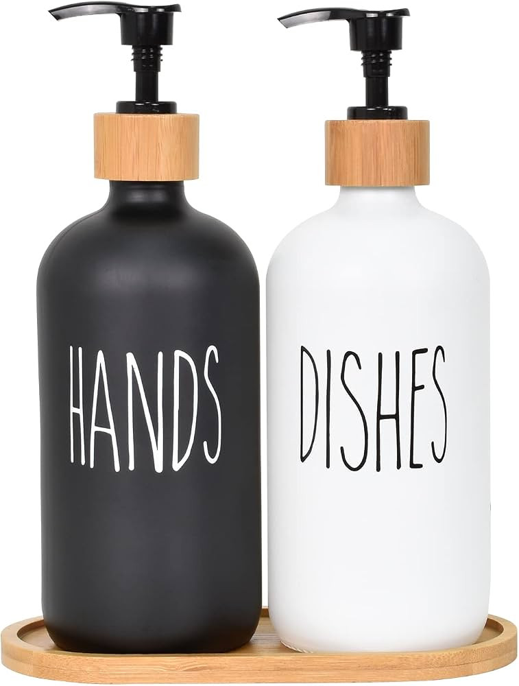 2 Pack 475ml Glass Soap Dispenser Set with Pump and Wooden Base Dish Soap Dispenser,Refillable Co... | Amazon (UK)