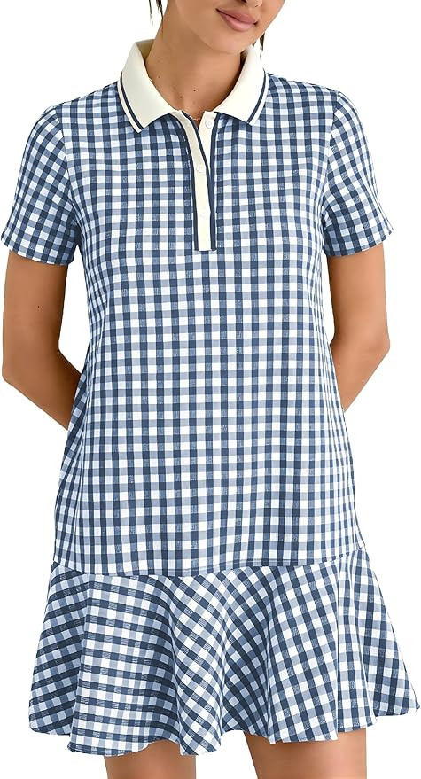 LTSCNRM Women's Gingham Polo Dress Short Sleeve V Neck Ruffle Hem Mini Dress Plaid Golf Tennis Ca... | Amazon (US)