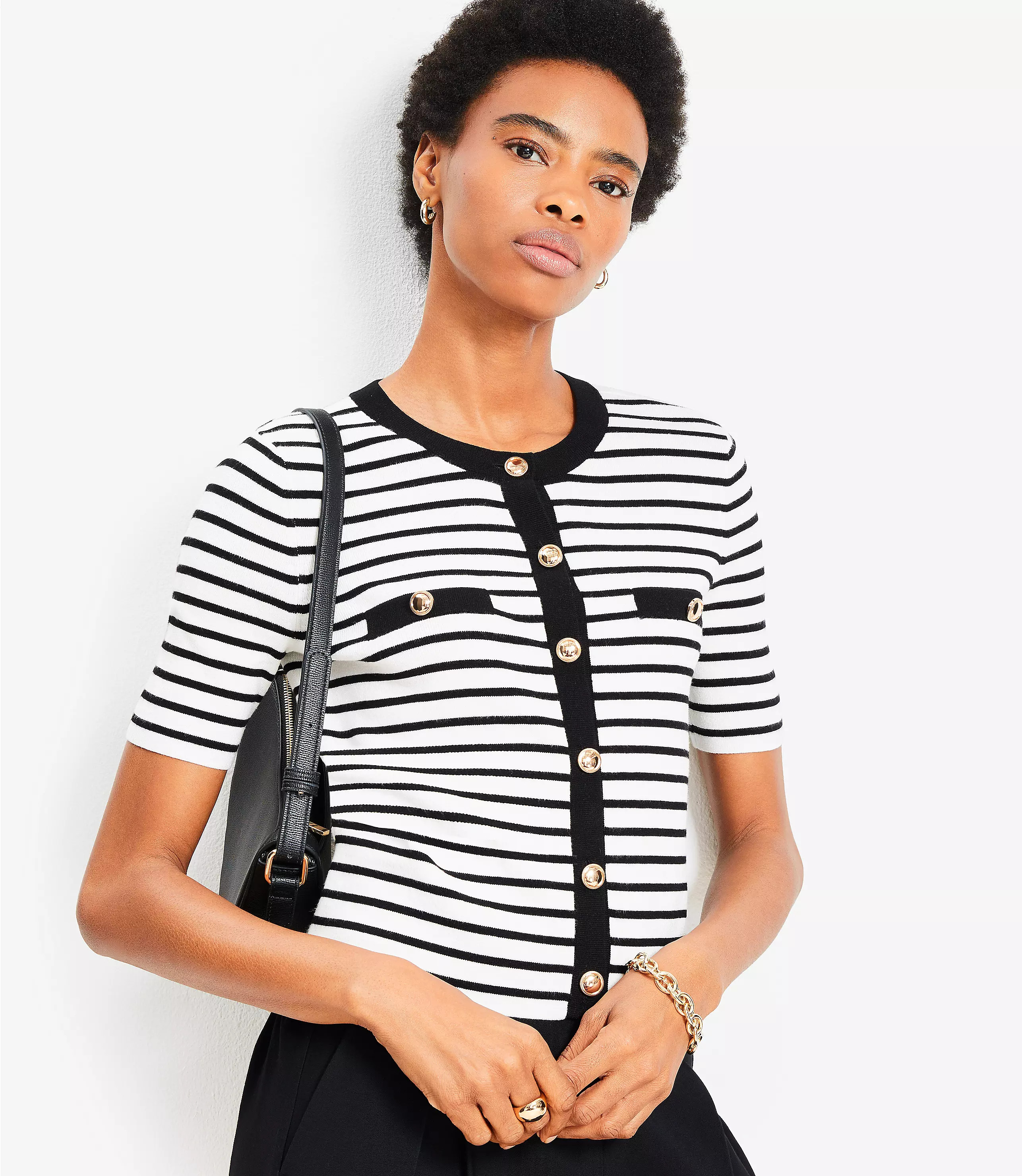 Stripe Ribbed Short Sleeve Cardigan | LOFT