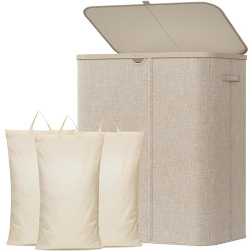 Lifewit 185L Large 3 Section Laundry Hamper with Lid, Plastic Laundry Basket with Bamboo Handles and Removable Bags, Tall Foldable Clothes Hamper for Bathroom Bedroom, Beige | Amazon (US)