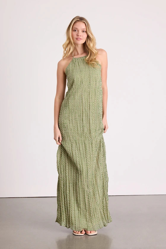 Denetta Green and Cream Stiped Halter Shift Maxi Dress | Lulus