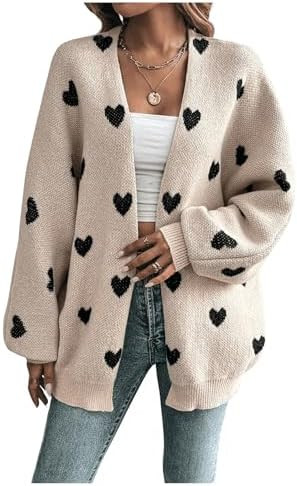 WDIRARA Women's Heart Print Open Front Cardigan Sweaters Lantern Long Sleeve Loose Knit Outerwear | Amazon (US)