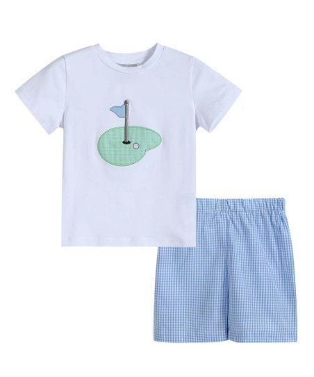 White Golfing Green Tee & Blue Gingham Shorts - Infant, Toddler & Boys | Zulily