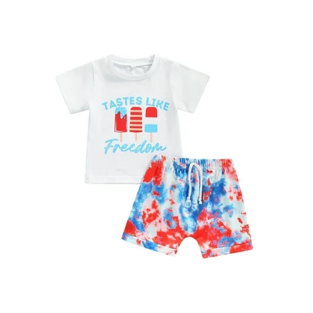 Fullvigor Baby 4th of July Set Letter Print Short Sleeve T-shirt Tie Dye Drawstring Shorts | Walmart (US)