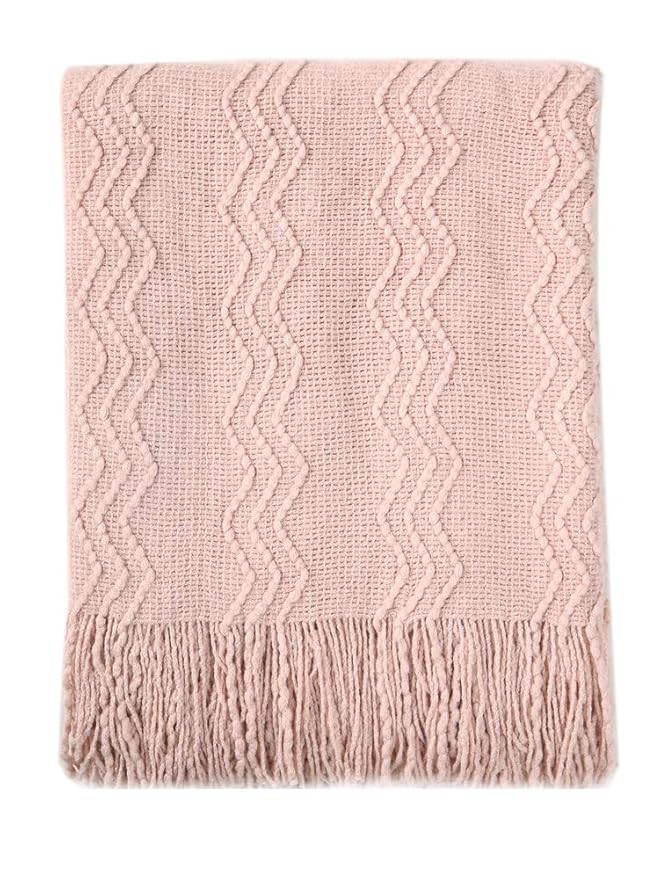 Bourina Textured Solid Soft Sofa Throw Couch Cover Knitted Decorative Blanket, 50" x 60", Pink | Amazon (US)