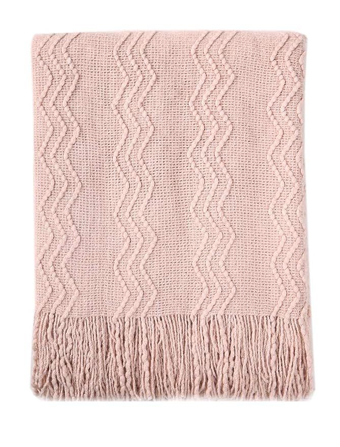 Bourina Textured Solid Soft Sofa Throw Couch Cover Knitted Decorative Blanket, 50" x 60", Pink | Amazon (US)