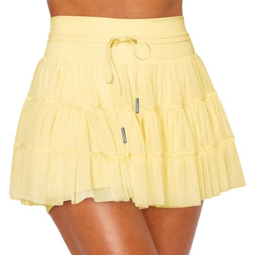 Cresay Women's Pleated Skirt High Waisted Ruffle Tennis Skirts Sports Skater Running Skorts with Shorts Pockets-Yellow-L | Amazon (US)