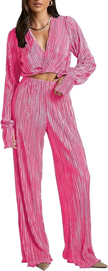 Pink Queen 2 Piece Outfits For Women Long Sleeve V Neck Cropped Shirt And Wide Leg Pants Sets Coc... | Amazon (US)