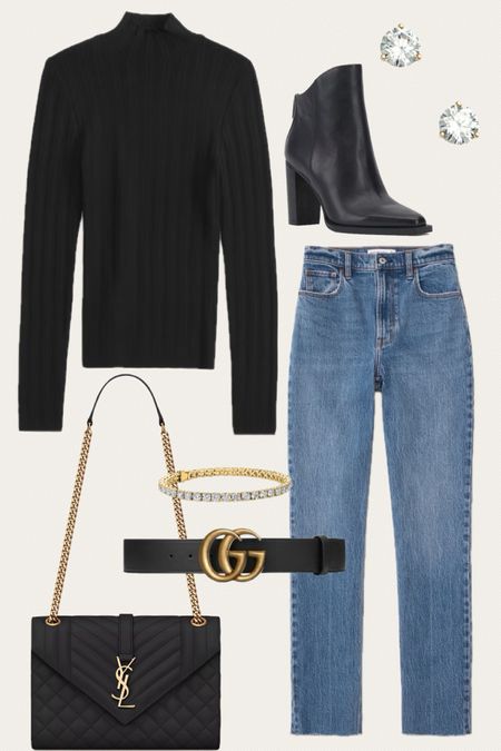 Best medium wash jeans with raw hem. High rise 90’s strait jeans.  Date night outfit 

Christmas outfit, black booties, Walmart find.  Abercrombie & Fitch, Gucci belt, black mock turtleneck, best black booties, tennis bracelet, diamond stud earrings, YSL Handbag 

#LTKGiftGuide #LTKfindsunder50 #LTKover40