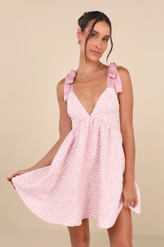 Darling Composure Pink Jacquard Floral Tie-Strap Mini Dress | Lulus