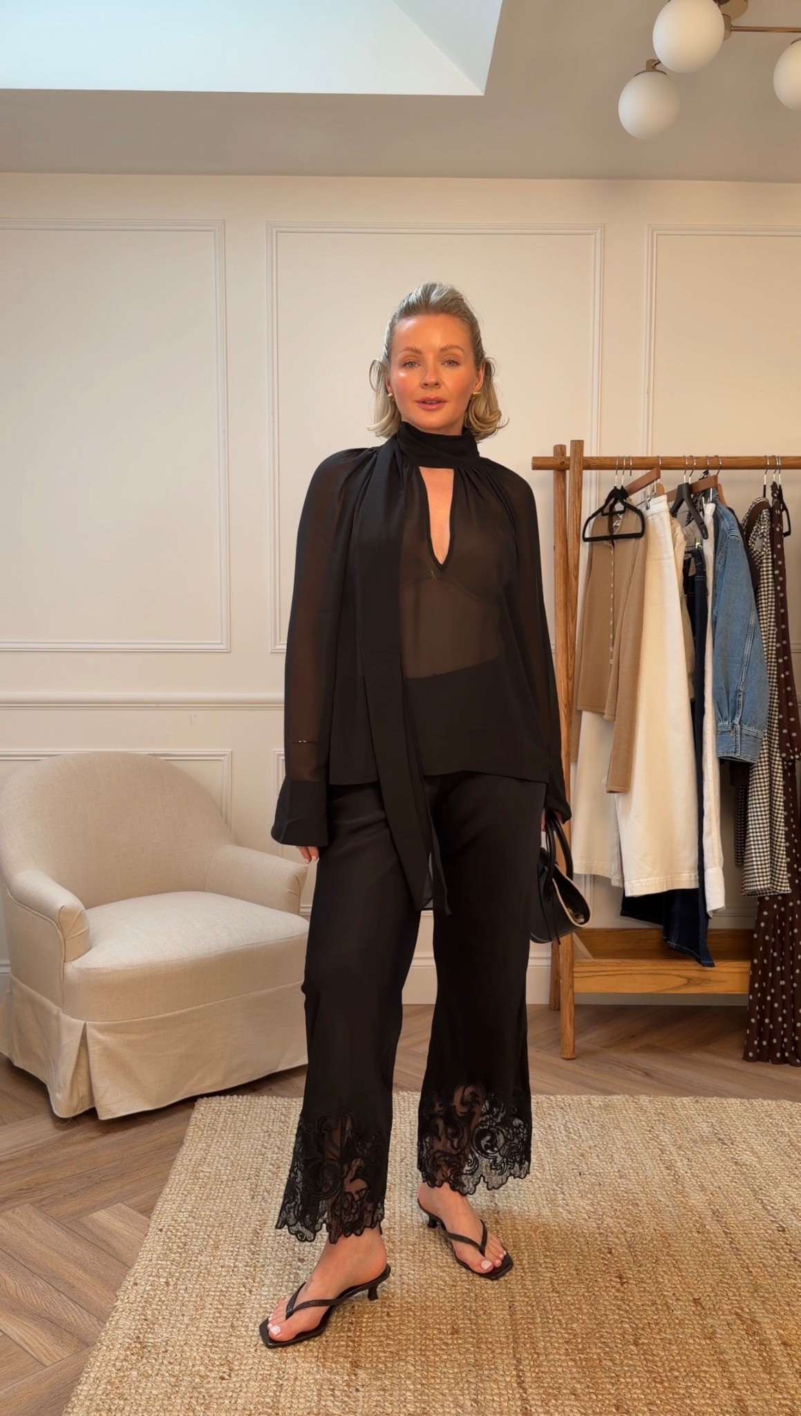 Black sheer scarf top & lace trim trousers smart spring outfit idea with black heeled flip flops
Top - size S
Trousers - size M
Handbag - Paris 64

#LTKstyletip #LTKspring #LTKuk