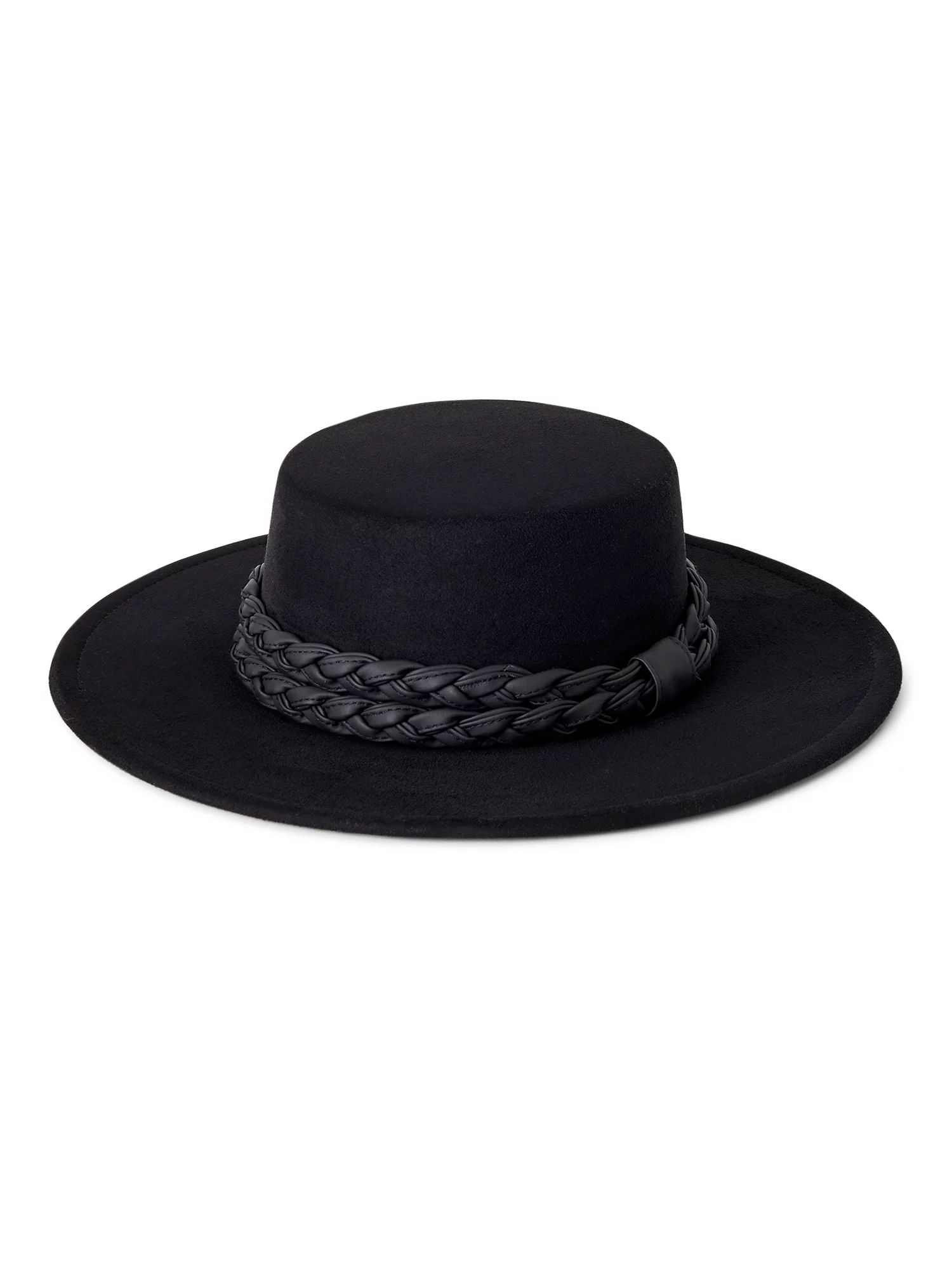 Time and Tru Adult Women's Black Boater Hat with Braided Trim - Walmart.com | Walmart (US)