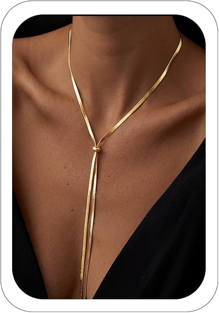 Gold Lariat Y Necklace for Women, 14K Gold Plated Waterproof Flexible Snake Chain Slip Tie Bolo N... | Amazon (US)