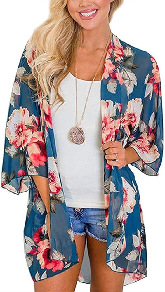 Women's Floral Print Puff Sleeve Kimono Cardigan Loose Cover Up Casual Blouse Tops | Amazon (US)