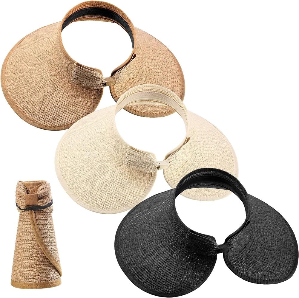3 Pieces Women Foldable Straw Sun Visor Wide Brim Roll up Beach Hat with Bowtie | Amazon (US)