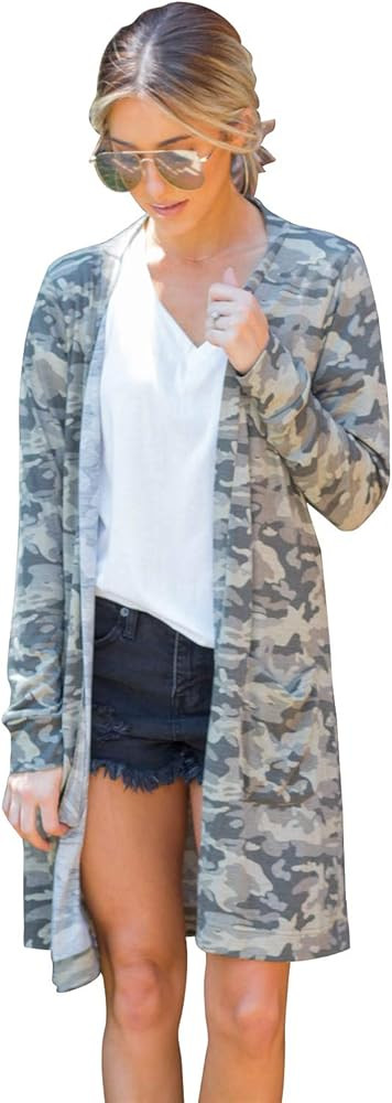 Women's Lightweight Open Front Long Sleeve Camo Cardigan Sweater | Amazon (US)