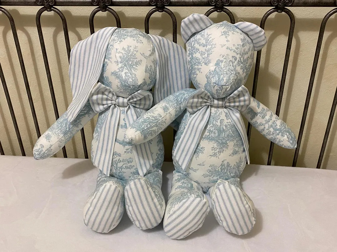 Toile and Stripes Teddy Bear or Bunny, Stuffed Animal Bear, Stuffed Toy, Personalized Stuffed Ani... | Etsy (US)