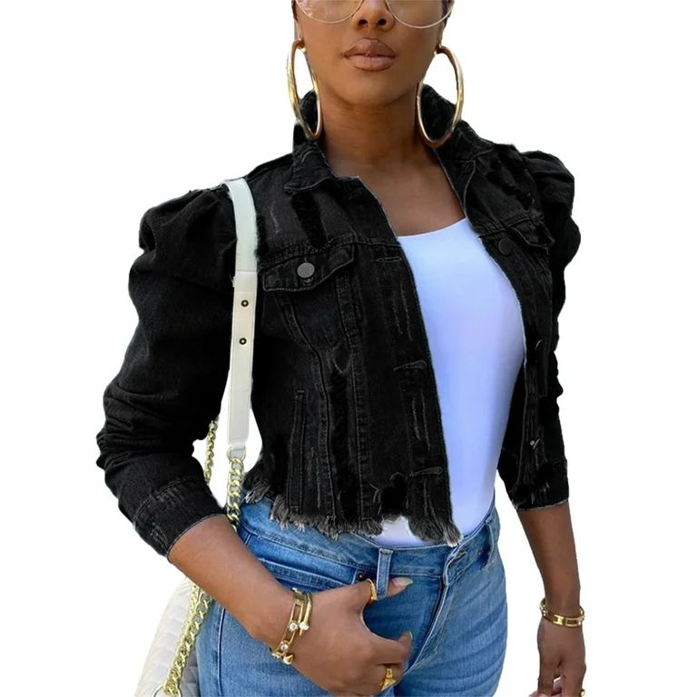 Women's Denim Jean Jacket, Long Puff Sleeve Short Cropped Button Down | Walmart (US)