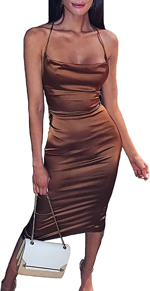 Velius Women's Sexy Spaghetti Strap Backless Lace up Bodycon Party Dress | Amazon (US)