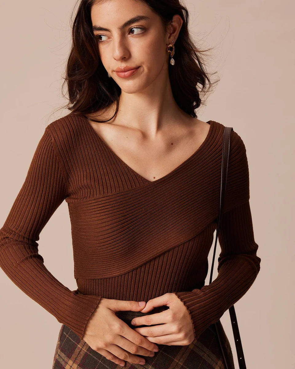 The Coffee V Neck Criss-Cross Wrap Knit Top | rihoas.com