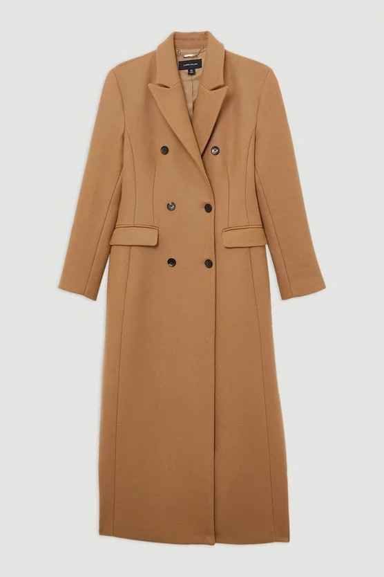 Premium Italian Manteco Wool Double Breasted Tailored Maxi Coat | Karen Millen | Karen Millen UK + IE + DE + NL