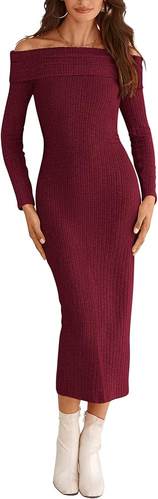PRETTYGARDEN Women's Fall Dresses 2024 Sexy Off Shoulder Long Sleeve Bodycon Ribbed Knit Club Wed... | Amazon (US)