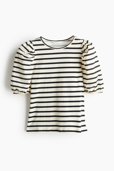Puff-sleeved Top - Round Neck - Short sleeve - Light beige/striped - Ladies | H&M US | H&M (US + CA)