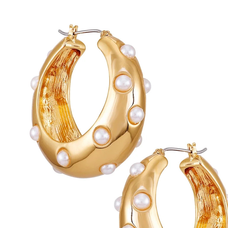 Time and Tru Women's Goldtone Wide Pearl Station Hoops | Walmart (US)