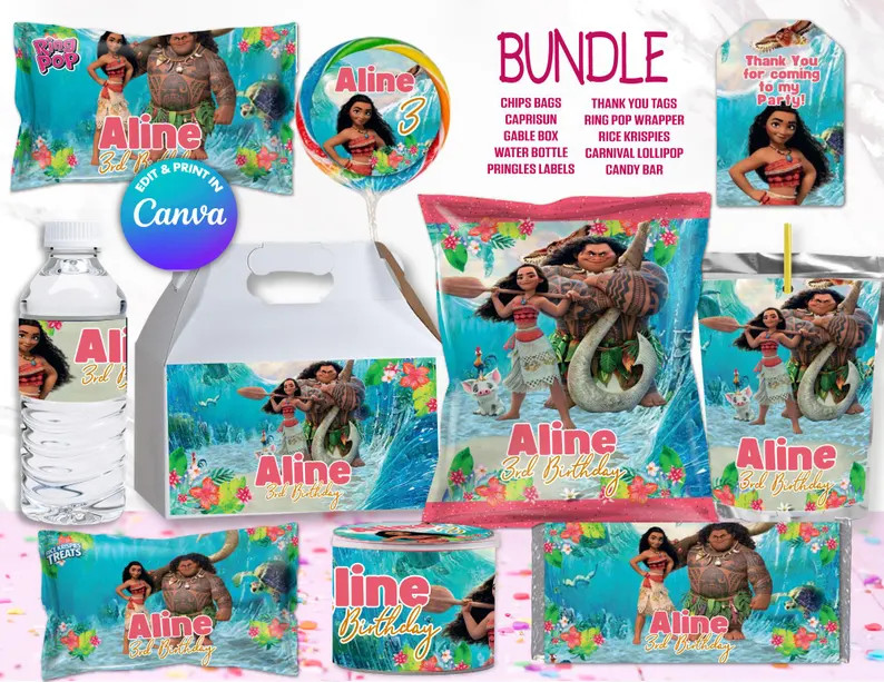 BUNDLE Moana Party Favors, Edit Yourself in CANVA. Party Kit. 10 Online Templates - Etsy | Etsy (US)