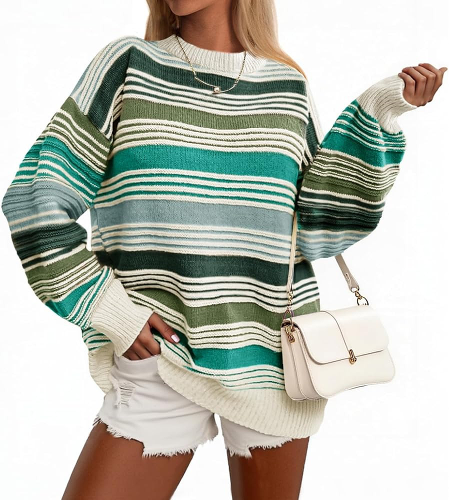 Saodimallsu Womens Striped Sweater Color Block Crew Neck Long Sleeve Fall Colorful Rainbow Knit L... | Amazon (US)