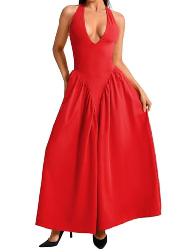 ChiaoLezhee Deep V Neck Dress, Halter Maxi Dresses, Vacation Date Night, Sexy for Women Corset Flowy Wedding Guest Drop Waist Bridesmaid Valentines Pastel A Line, Red, XX-Large | Amazon (US)