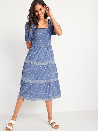 Puff-Sleeve Smocked Printed Embroidered Fit &#x26; Flare Chambray Midi Dress for Women | Old Navy (US)